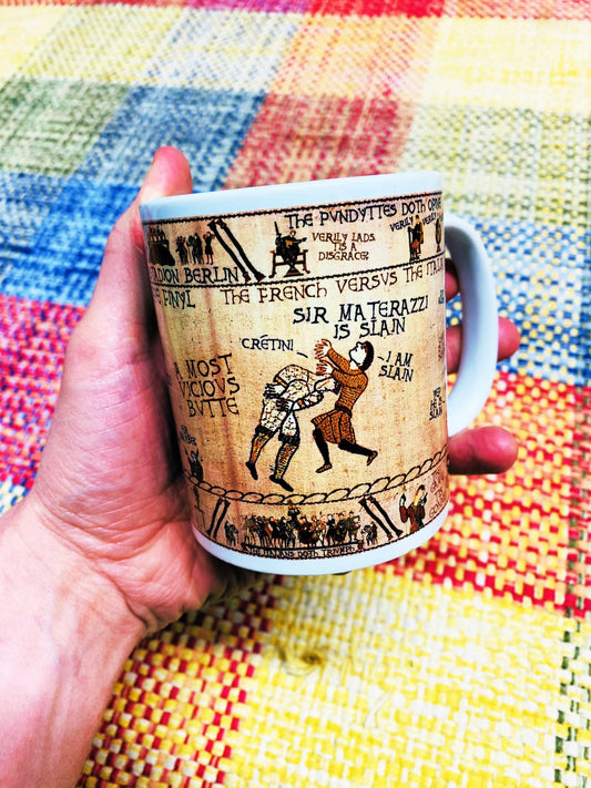 Zidane & Materazzi Bayeux Tapestry Mug By No Score Draws - 11oz Ceramic Mug Featuring An Historic Depiction of the 2006 World Cup Final