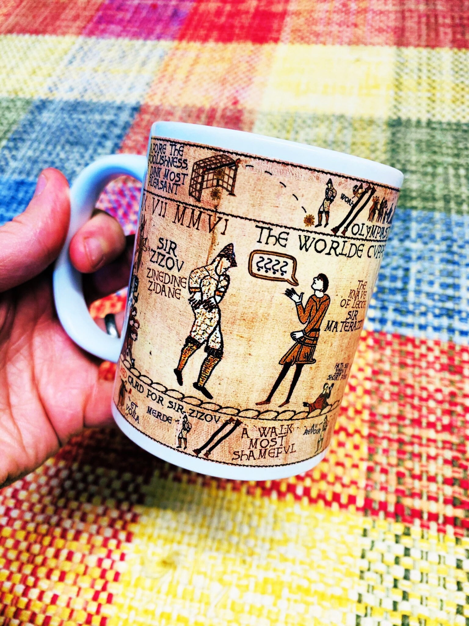 Zidane & Materazzi Bayeux Tapestry Mug By No Score Draws - 11oz Ceramic Mug Featuring An Historic Depiction of the 2006 World Cup Final