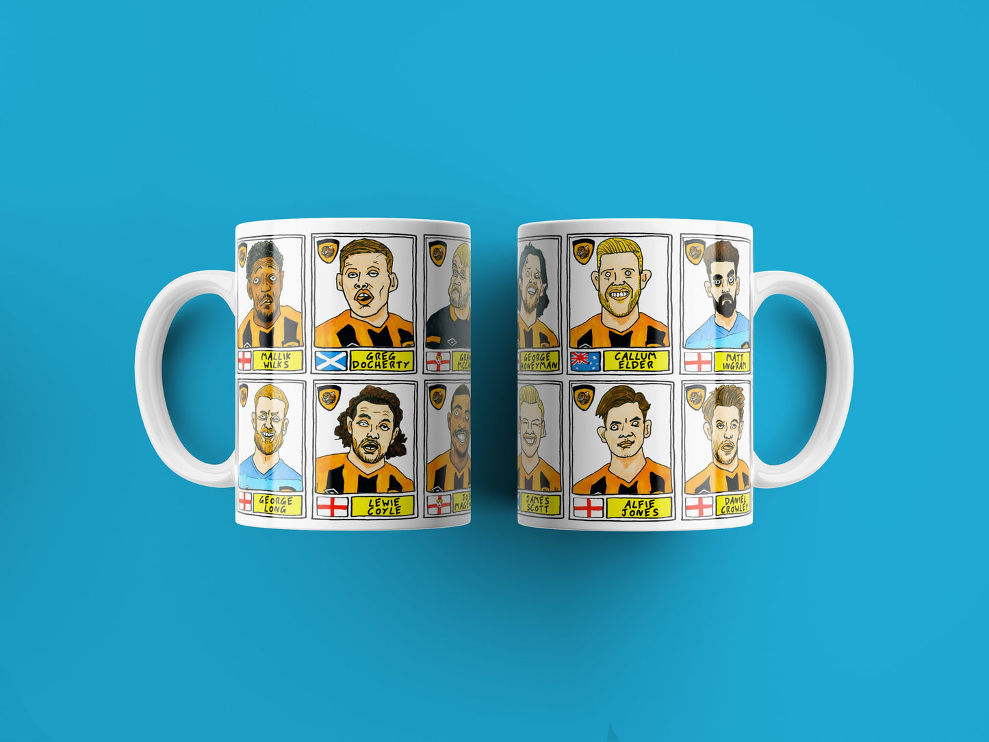 Hull City Vol 2 Mug Set - Set of TWO 11oz Ceramic Mugs with Wonky Panini-style No Score Draws Doodles of HCAFC's 20-21 League 1 winning team