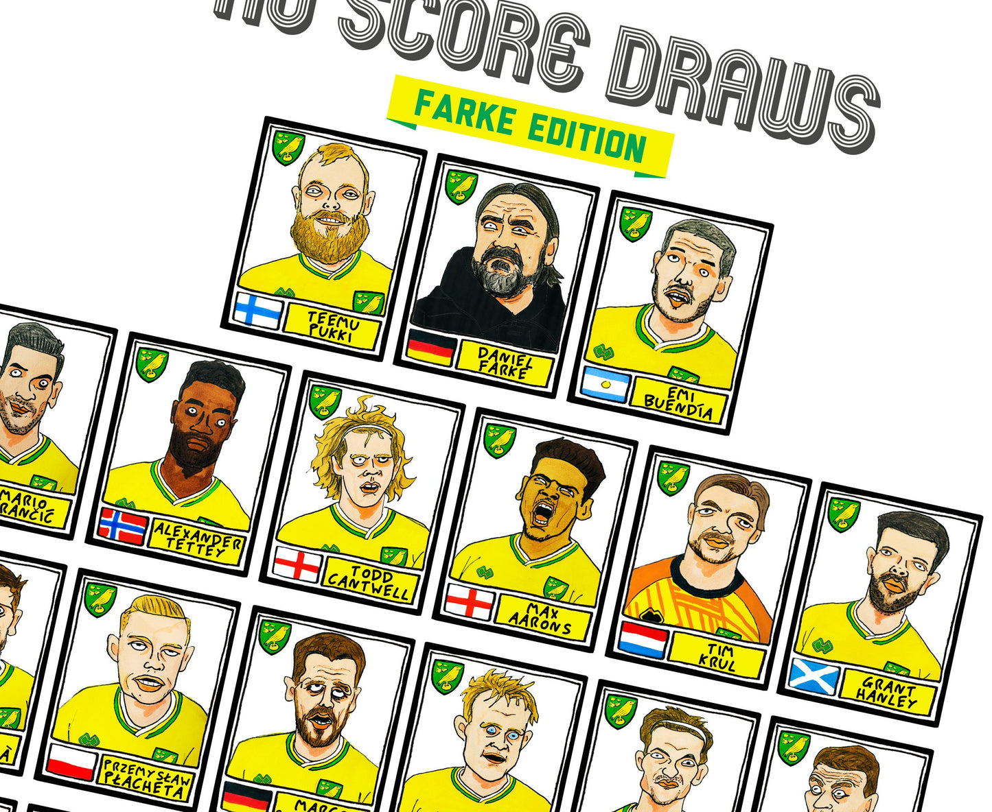 Norwich City Vol 2 - No Score Draws Farke Edition - A3 print of 30 hand-drawn Panini-style doodles of NCFCs 20-21 Championship-topping side