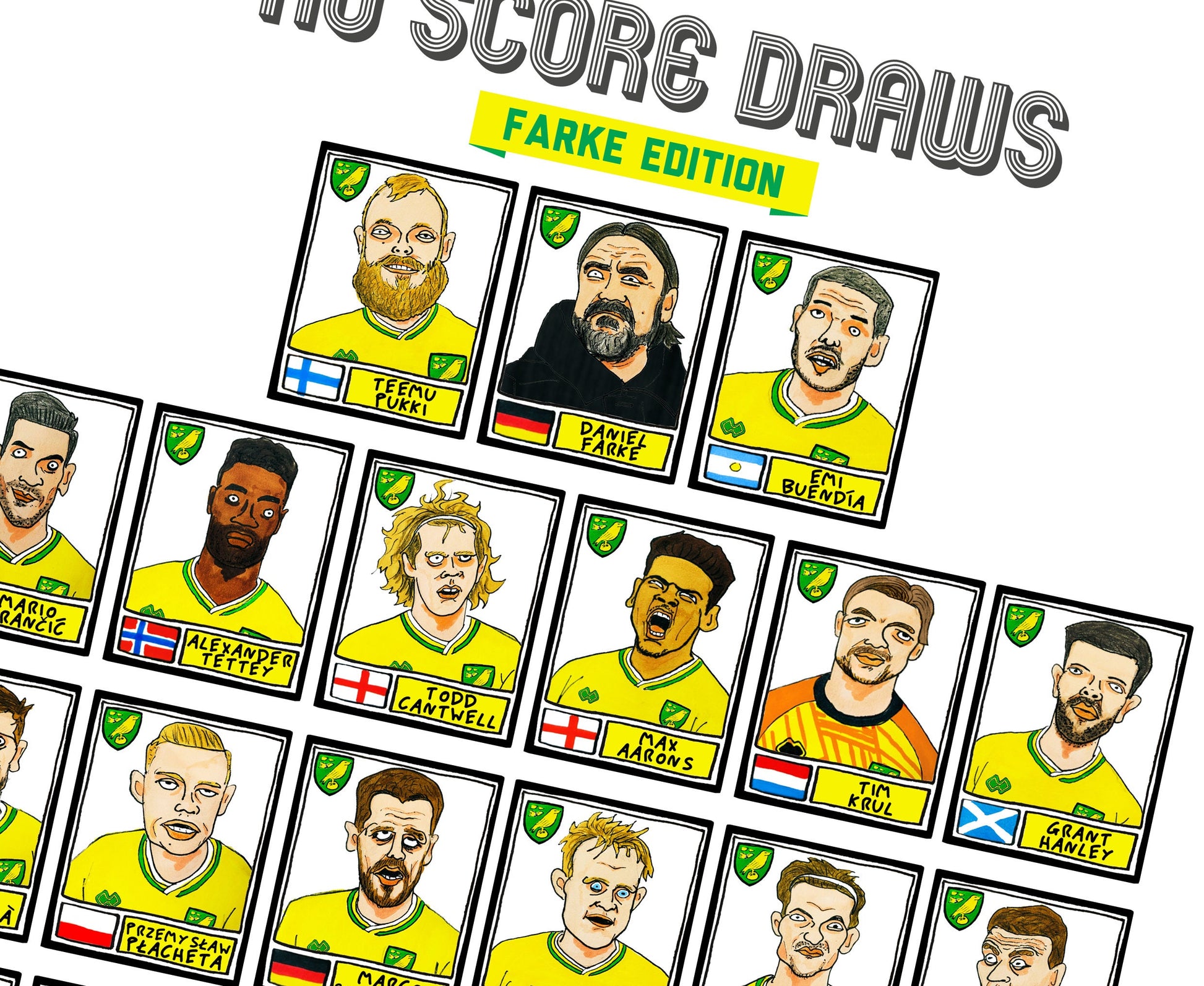 Norwich City Vol 2 - No Score Draws Farke Edition - A3 print of 30 hand-drawn Panini-style doodles of NCFCs 20-21 Championship-topping side