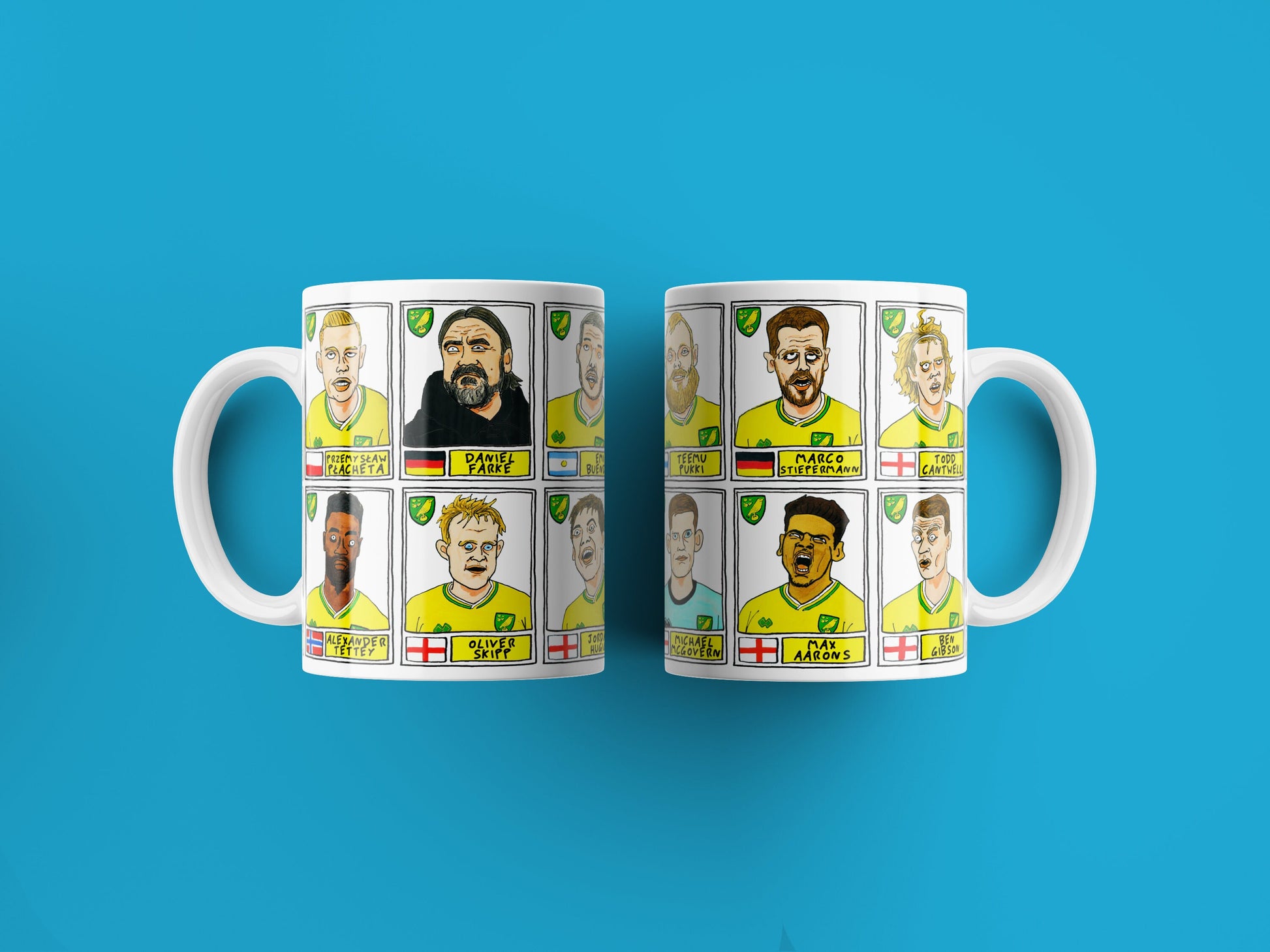 Norwich City Vol 2 No Score Draws Mug Set - Set of TWO 11oz Ceramic Mugs with Wonky Panini-style No Score Draws Doodles of NCFC's 20-21 Side