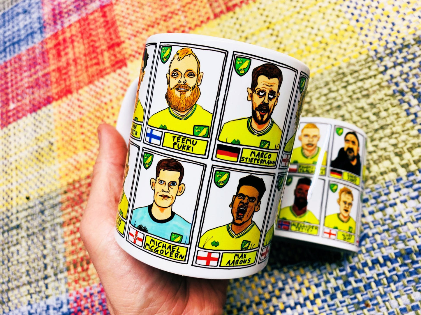 Norwich City Vol 2 No Score Draws Mug Set - Set of TWO 11oz Ceramic Mugs with Wonky Panini-style No Score Draws Doodles of NCFC's 20-21 Side