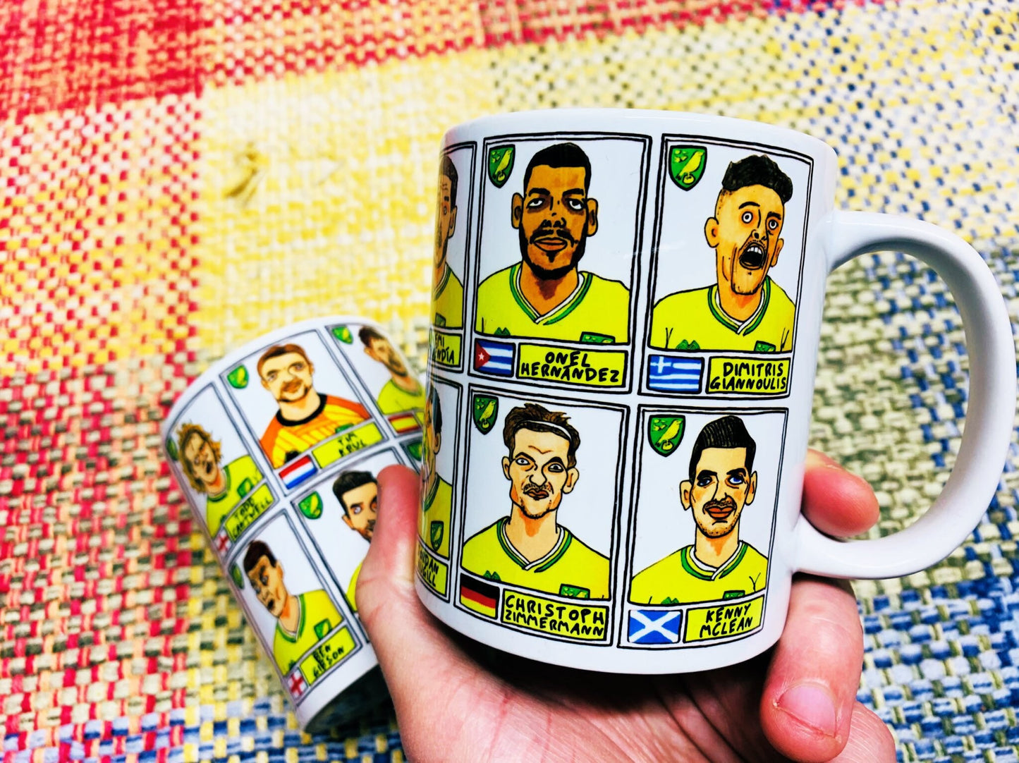 Norwich City Vol 2 No Score Draws Mug Set - Set of TWO 11oz Ceramic Mugs with Wonky Panini-style No Score Draws Doodles of NCFC's 20-21 Side