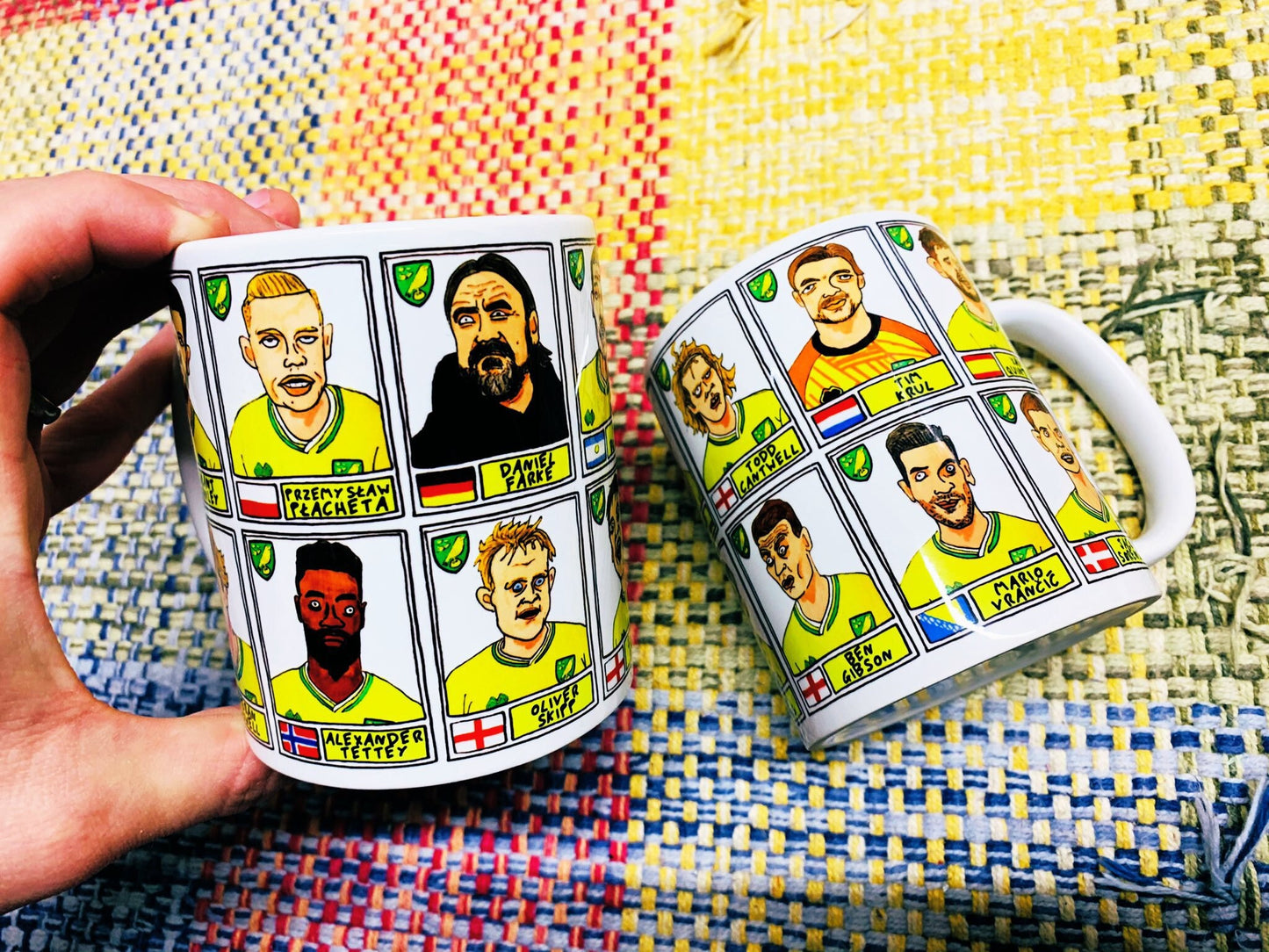 Norwich City Vol 2 No Score Draws Mug Set - Set of TWO 11oz Ceramic Mugs with Wonky Panini-style No Score Draws Doodles of NCFC's 20-21 Side