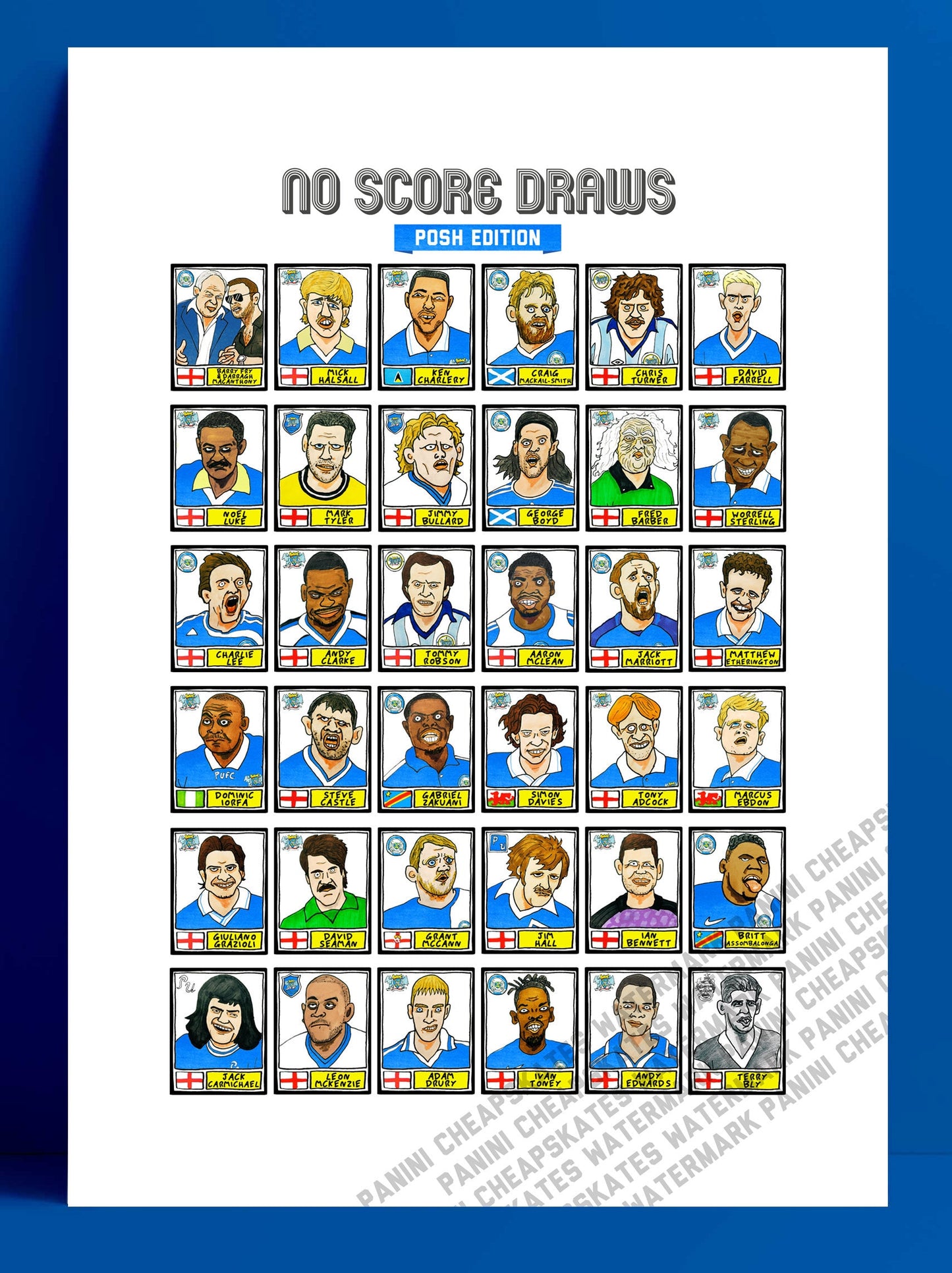 Peterborough Utd Volume 2 - No Score Draws Posh Edition - A3 print of 36 wonky hand-doodled Panini-style pics of various Posh icons