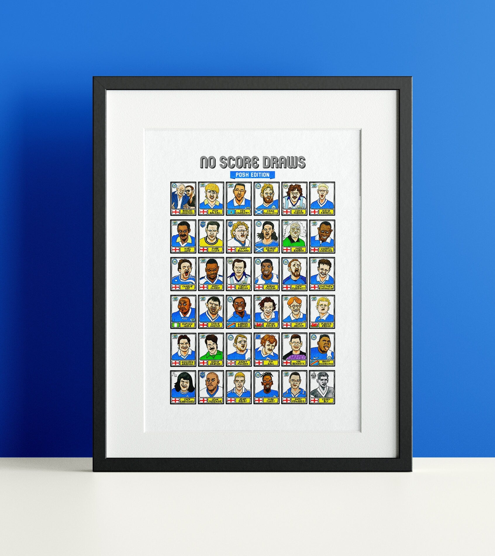 Peterborough Utd Volume 2 - No Score Draws Posh Edition - A3 print of 36 wonky hand-doodled Panini-style pics of various Posh icons