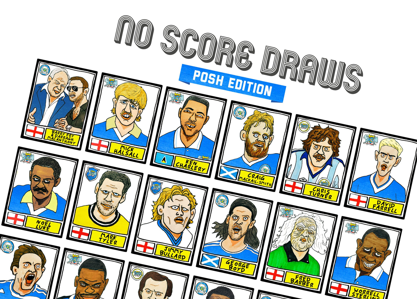 Peterborough Utd Volume 2 - No Score Draws Posh Edition - A3 print of 36 wonky hand-doodled Panini-style pics of various Posh icons