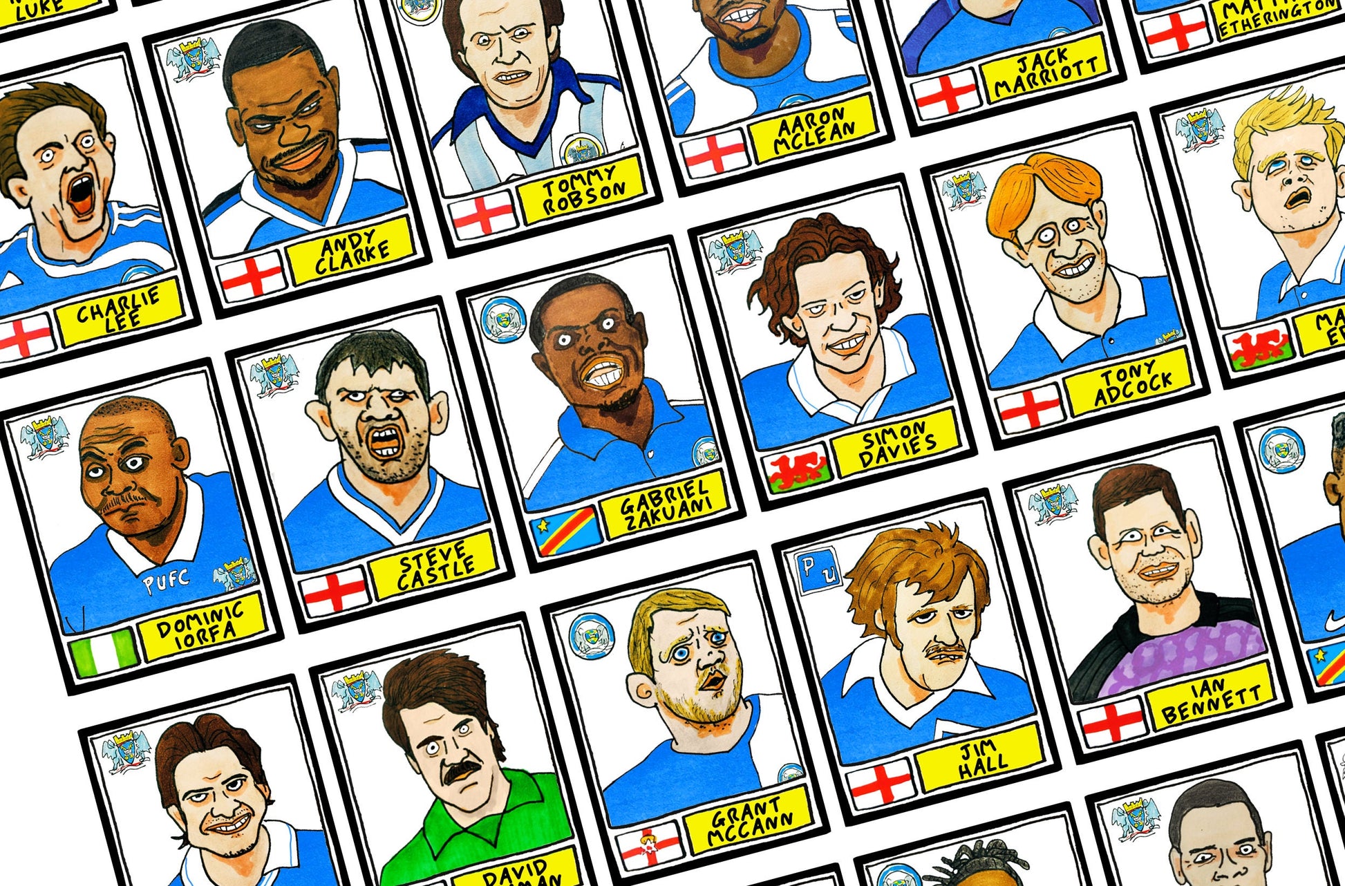 Peterborough Utd Volume 2 - No Score Draws Posh Edition - A3 print of 36 wonky hand-doodled Panini-style pics of various Posh icons