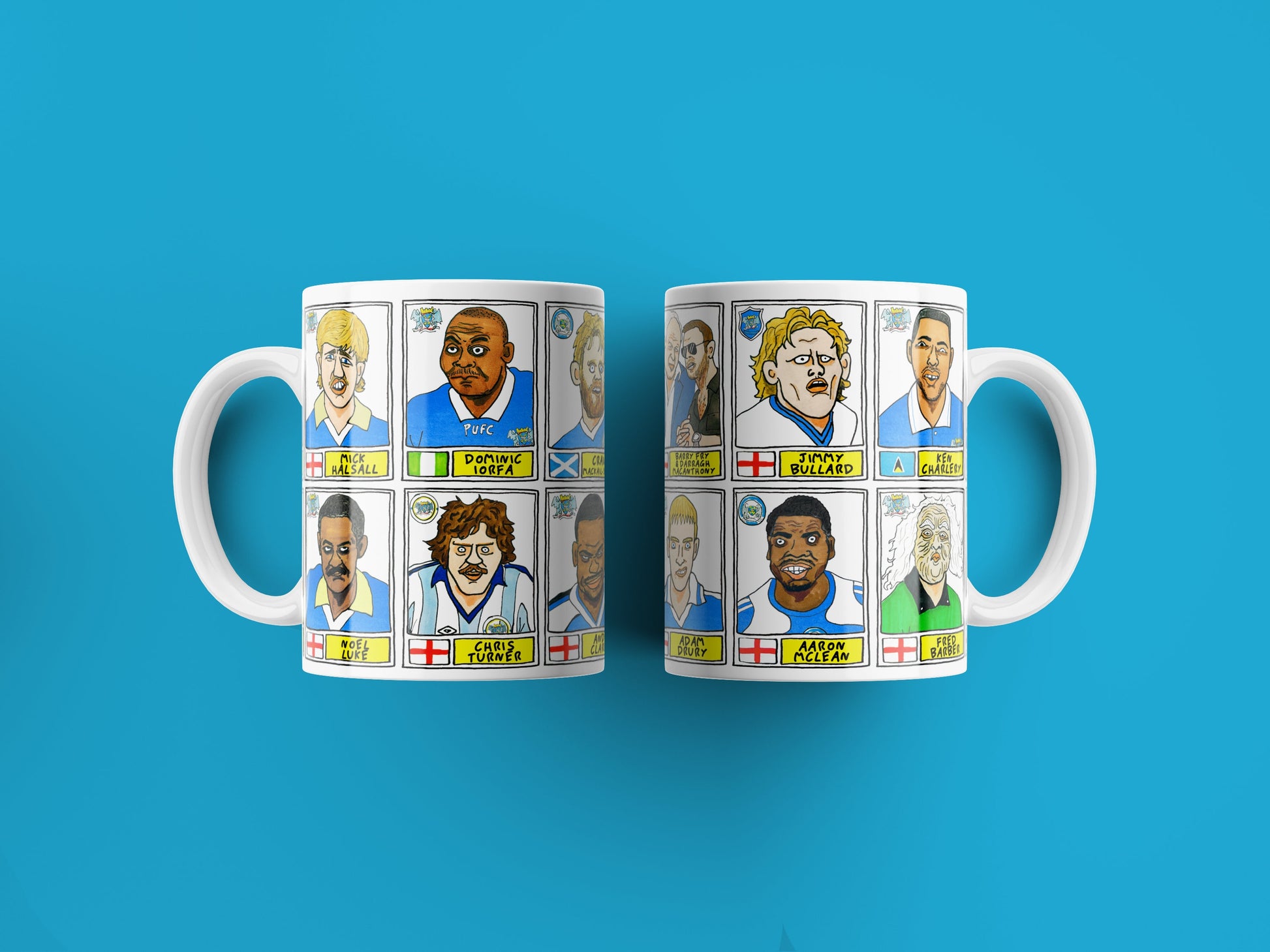 Peterborough Utd Vol 2 Mug Set - Set of TWO 11oz Ceramic Mugs with Wonky Panini-style No Score Draws Doodles of various historic PUFC icons