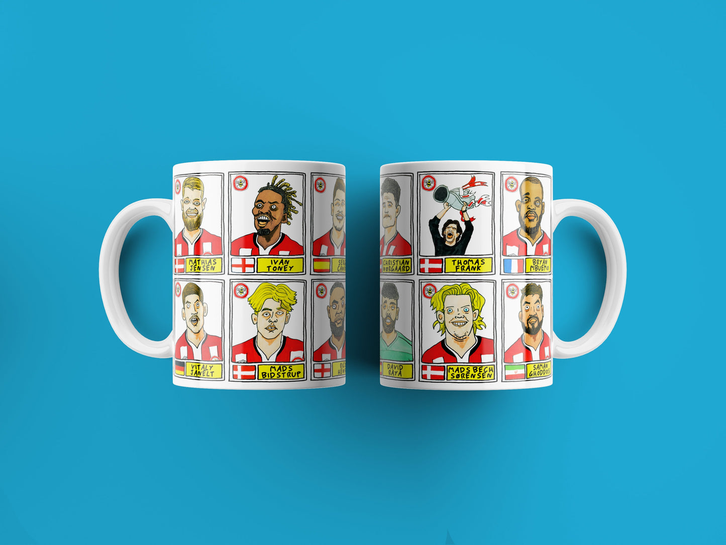 Brentford Vol 2 No Score Draws Mug Set - Set of TWO 11oz Ceramic Mugs with Wonky Panini-style No Score Draws Doodles Of BFCs playoff-winners