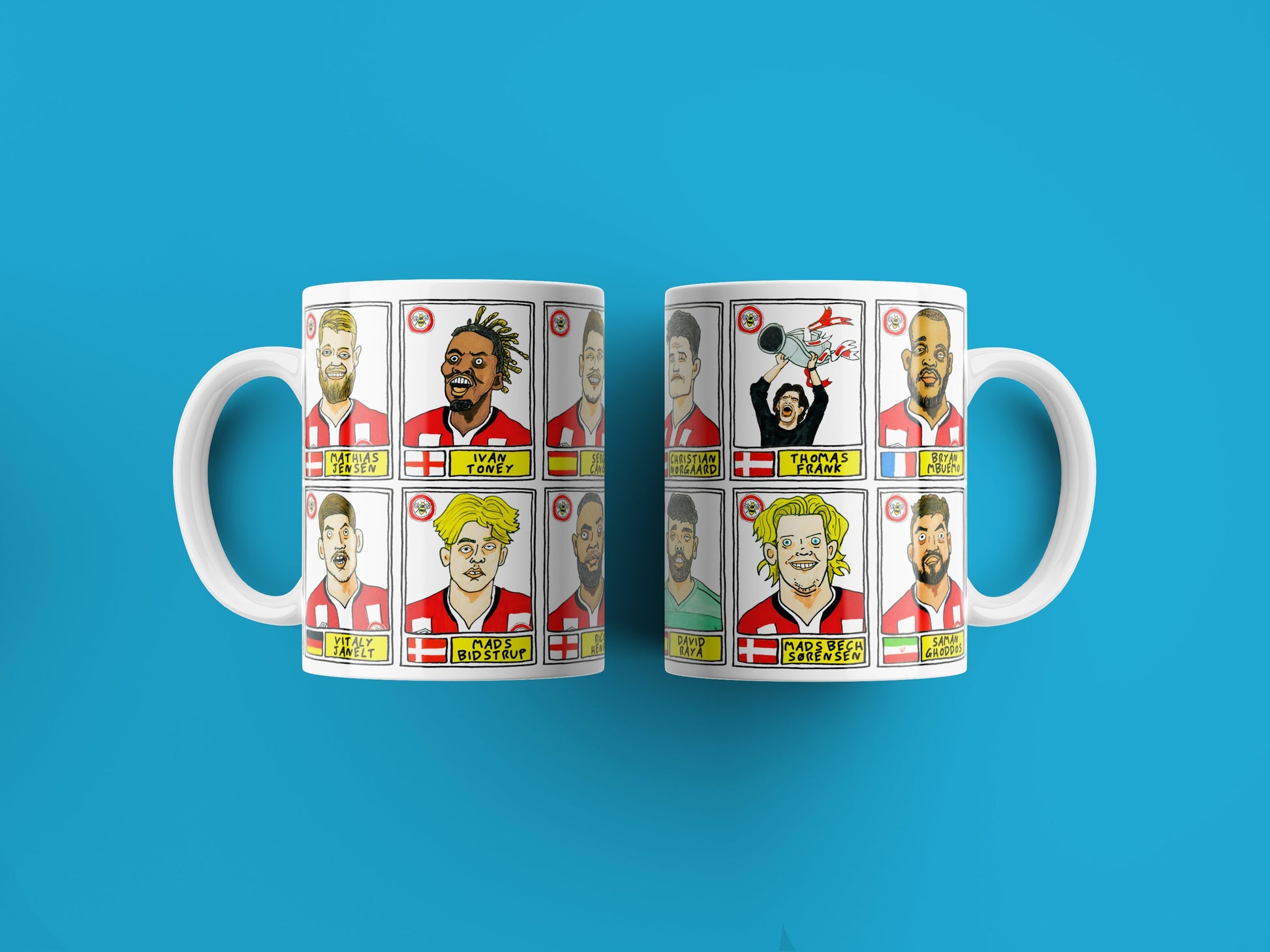 Brentford Vol 2 No Score Draws Mug Set - Set of TWO 11oz Ceramic Mugs with Wonky Panini-style No Score Draws Doodles Of BFCs playoff-winners