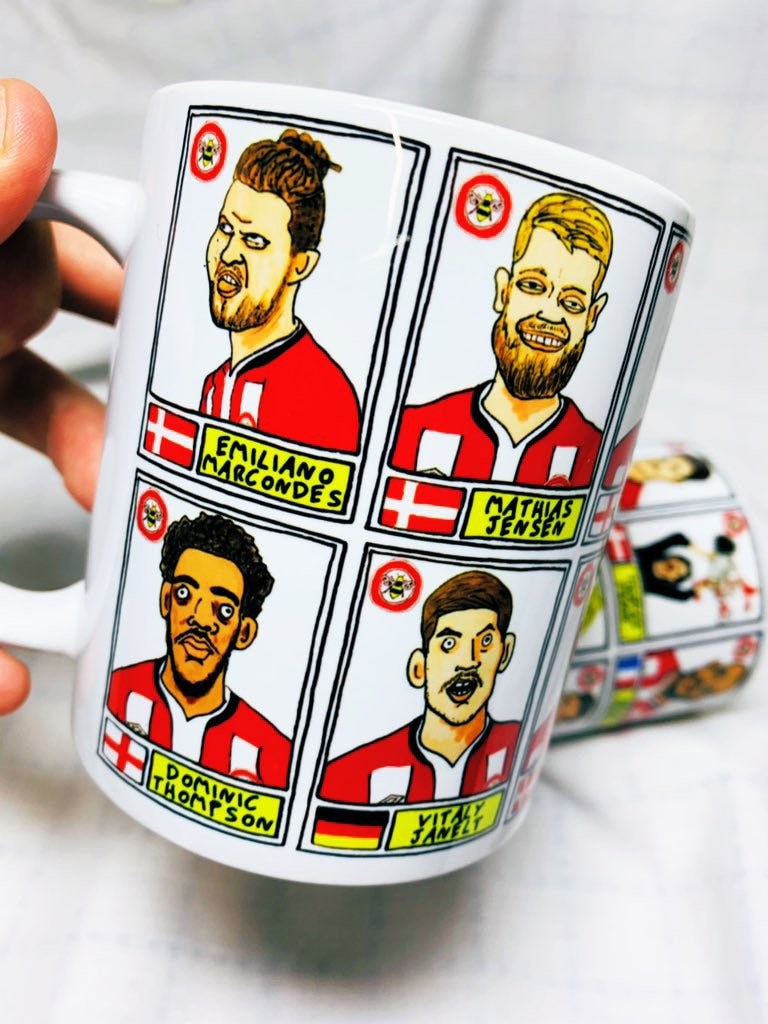 Brentford Vol 2 No Score Draws Mug Set - Set of TWO 11oz Ceramic Mugs with Wonky Panini-style No Score Draws Doodles Of BFCs playoff-winners