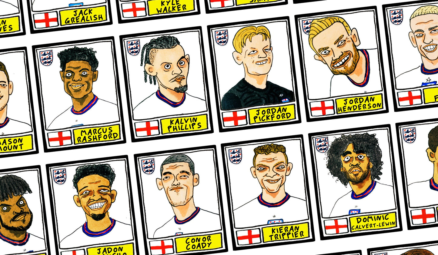 England Vol 2 - No Score Draws It's Coming Home Edition - A3 print of 27 Panini-style wonky doodles of the Three Lions' Euro 2020 heroes