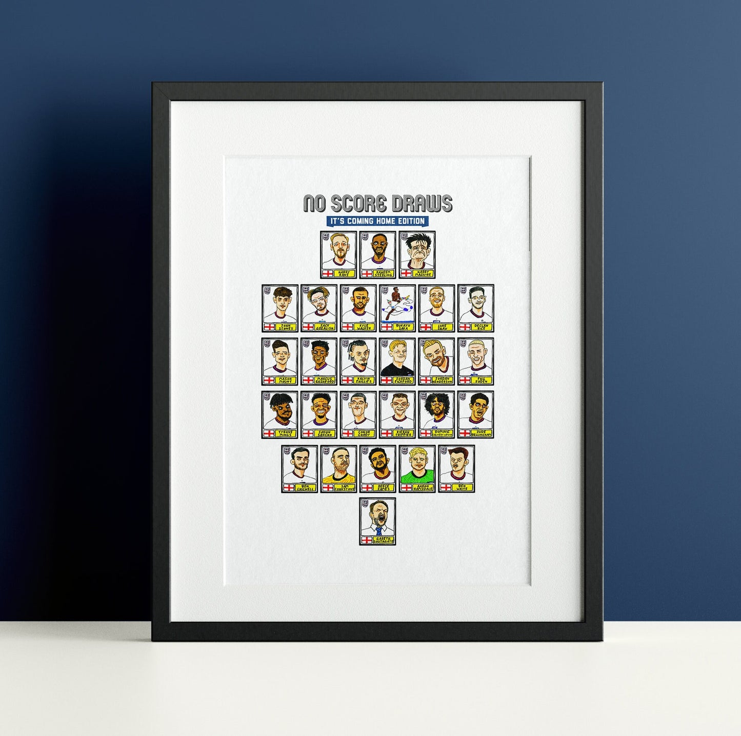 England Vol 2 - No Score Draws It's Coming Home Edition - A3 print of 27 Panini-style wonky doodles of the Three Lions' Euro 2020 heroes