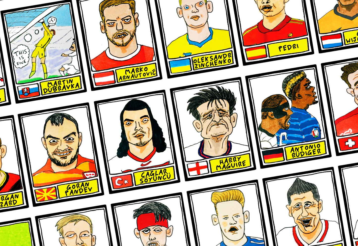 Euro 2020 - No Score Draws Euro 2020 Edition - A3 print of 36 wonky hand-drawn Panini-style Euro 2020 doodles - Cheapskate football art