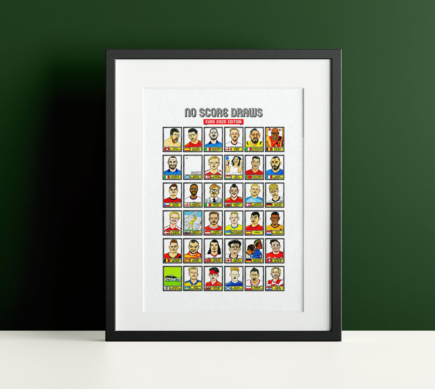 Euro 2020 - No Score Draws Euro 2020 Edition - A3 print of 36 wonky hand-drawn Panini-style Euro 2020 doodles - Cheapskate football art