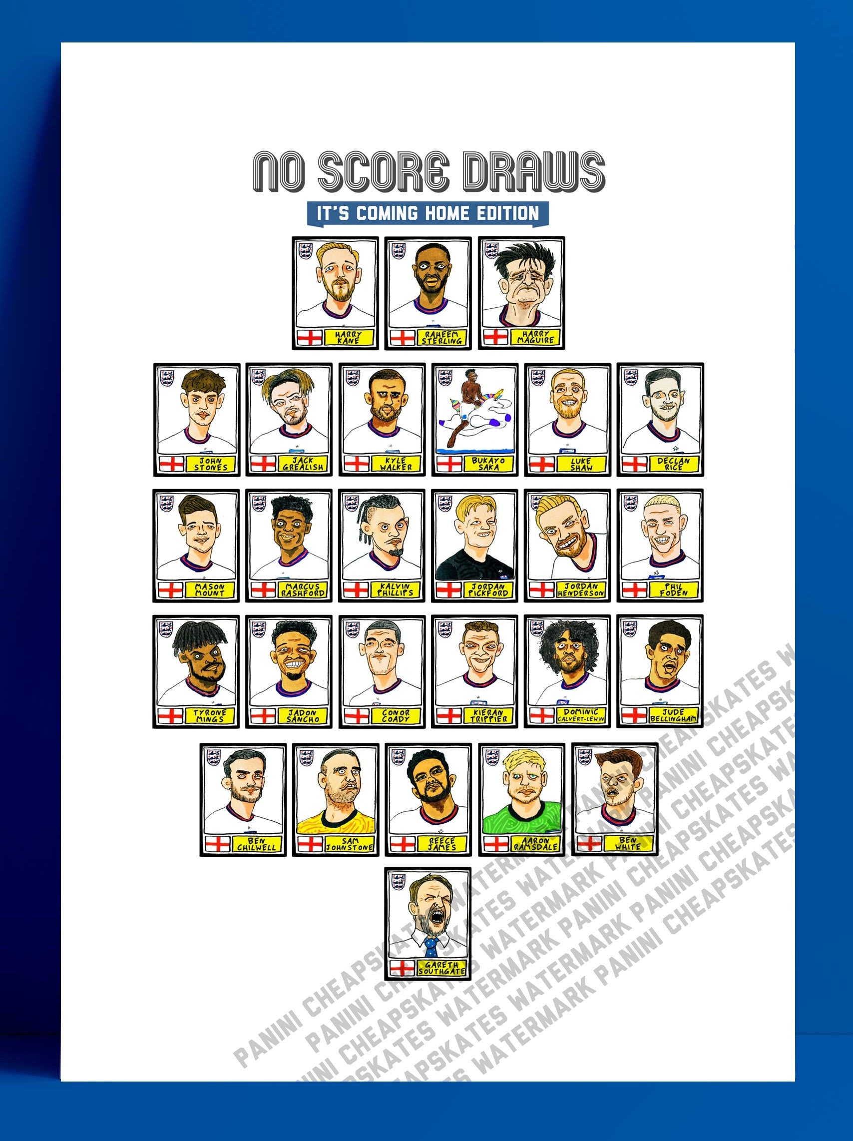 England Vol 2 - No Score Draws It's Coming Home Edition - A3 print of 27 Panini-style wonky doodles of the Three Lions' Euro 2020 heroes