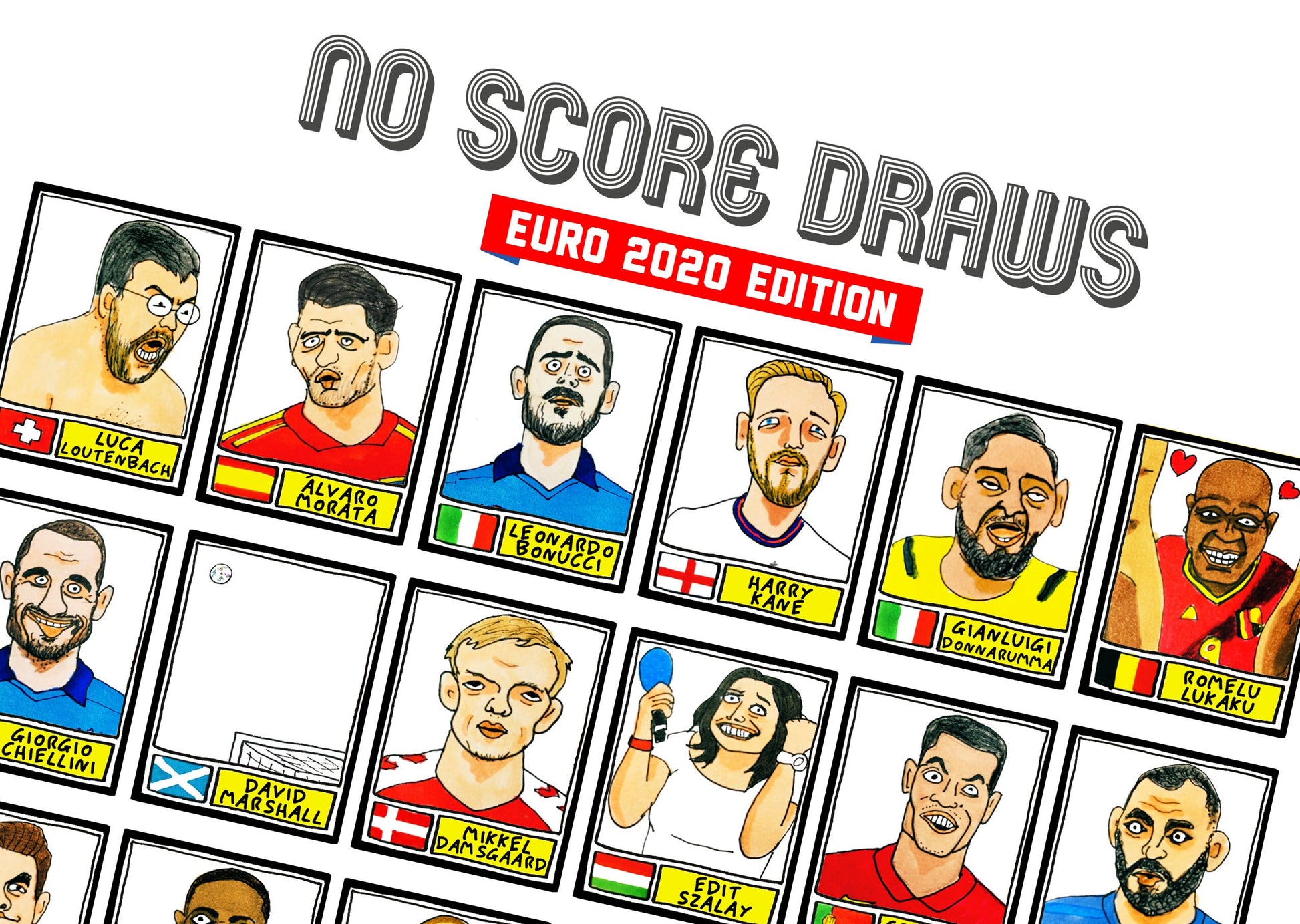 Euro 2020 - No Score Draws Euro 2020 Edition - A3 print of 36 wonky hand-drawn Panini-style Euro 2020 doodles - Cheapskate football art