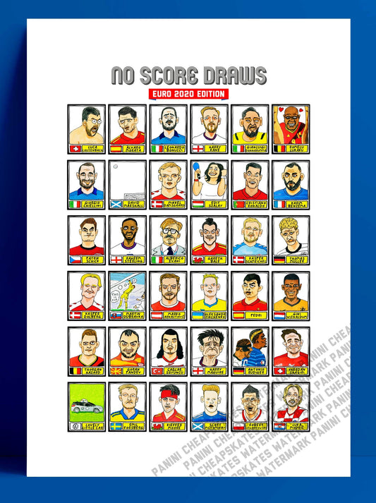 Euro 2020 - No Score Draws Euro 2020 Edition - A3 print of 36 wonky hand-drawn Panini-style Euro 2020 doodles - Cheapskate football art