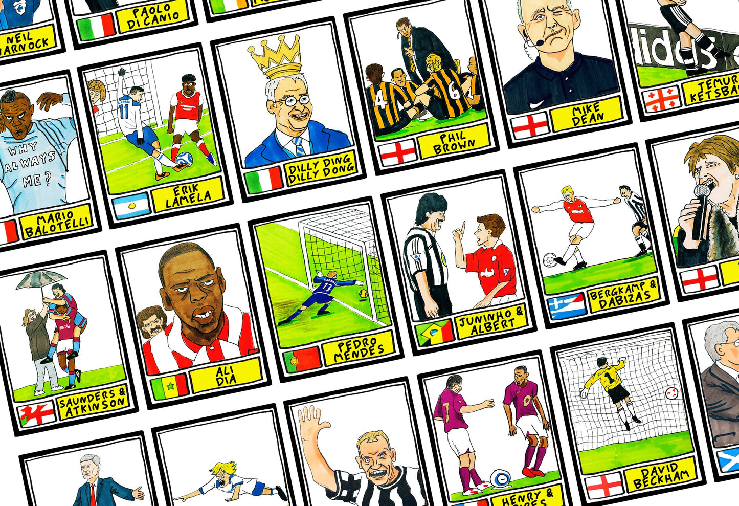 EPL Moments - No Score Draws EPL Moments Edition - A3 print of 36 wonky hand-drawn Panini-style EPL football icons - Cheapskate football art