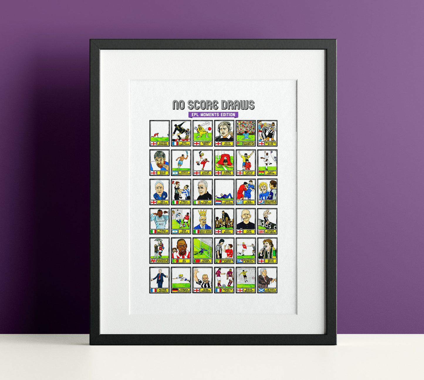 EPL Moments - No Score Draws EPL Moments Edition - A3 print of 36 wonky hand-drawn Panini-style EPL football icons - Cheapskate football art