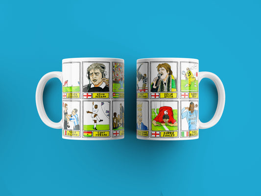 EPL Moments No Score Draws Mug Set - Set of TWO 11oz Ceramic Mugs with Wonky Panini sticker-style EPL icons drawn by No Score Draws Doodles