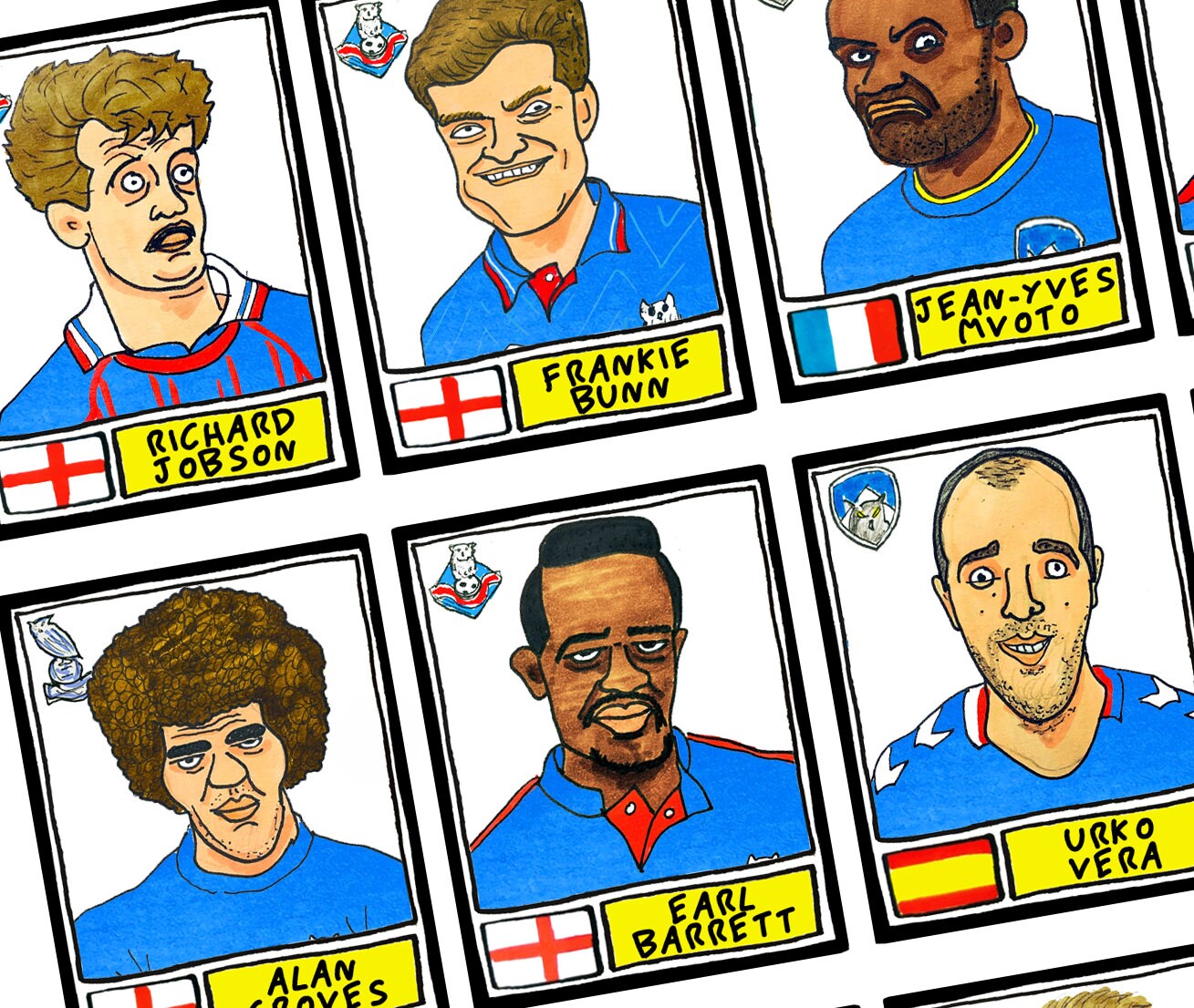 Oldham Athletic - No Score Draws Boundary Park Edition - A3 print of 36 hand-drawn Panini-type OAFC FC football legends - Wonky football art