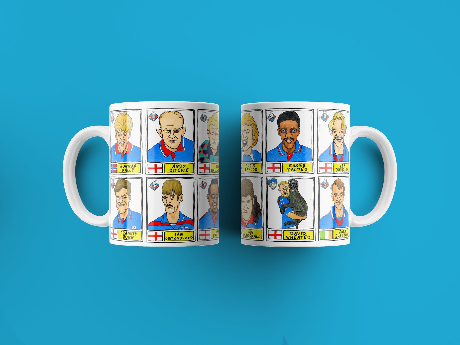 Oldham Athletic No Score Draws Mug Set - Set of TWO 11oz Ceramic Mugs with Wonky Panini sticker-style OAFC Latics No Score Draws Doodles