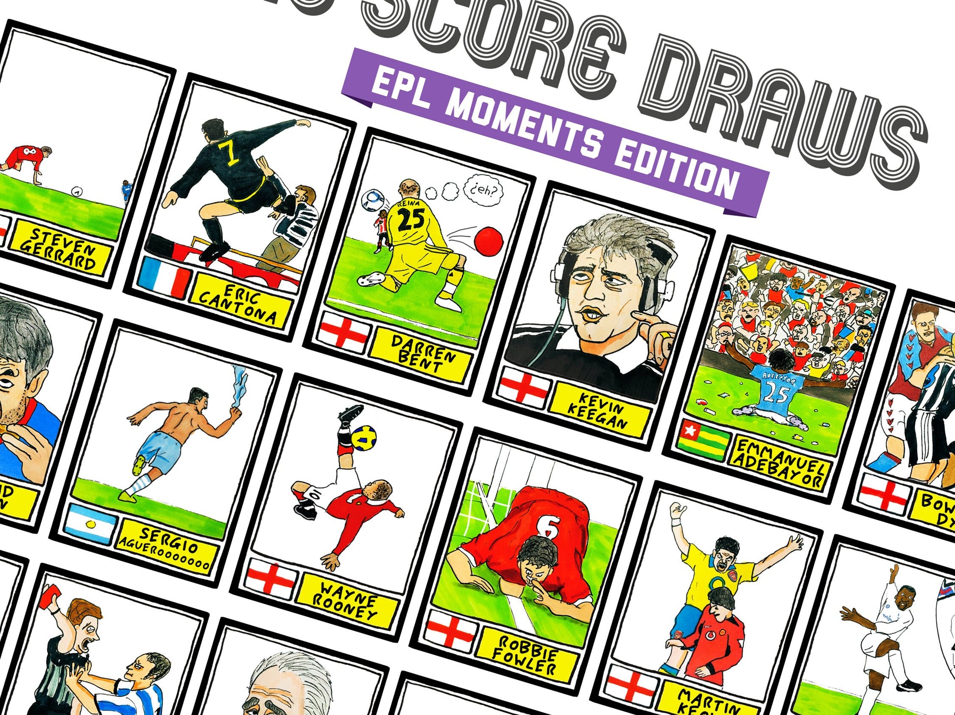 EPL Moments - No Score Draws EPL Moments Edition - A3 print of 36 wonky hand-drawn Panini-style EPL football icons - Cheapskate football art