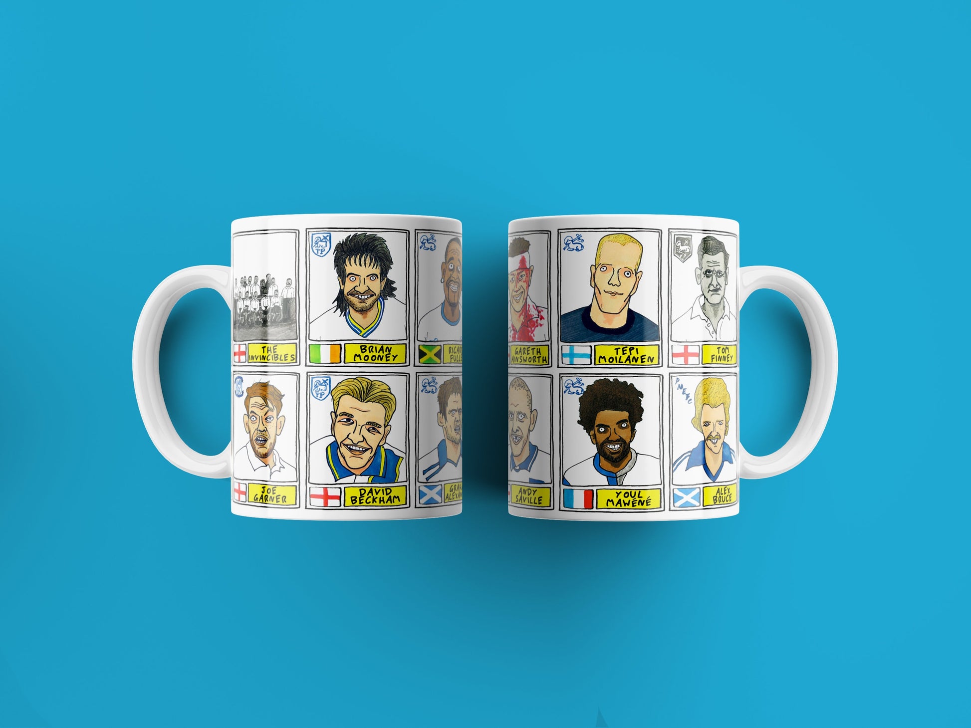 Preston North End No Score Draws Mug Set - Set of TWO 11oz Ceramic Mugs with Wonky Panini sticker-style PNEFC Latics No Score Draws Doodles