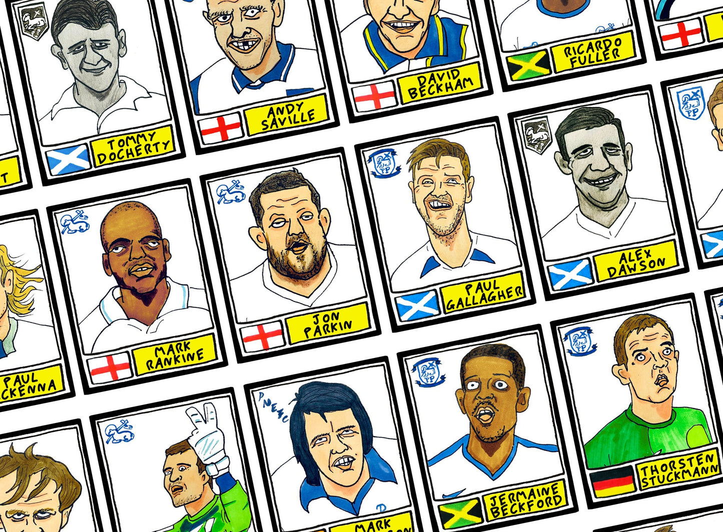 Preston North End - No Score Draws Deepdale Edition - A3 print of 36 hand-drawn Panini-sticker-style PNE icons - Wonky football art