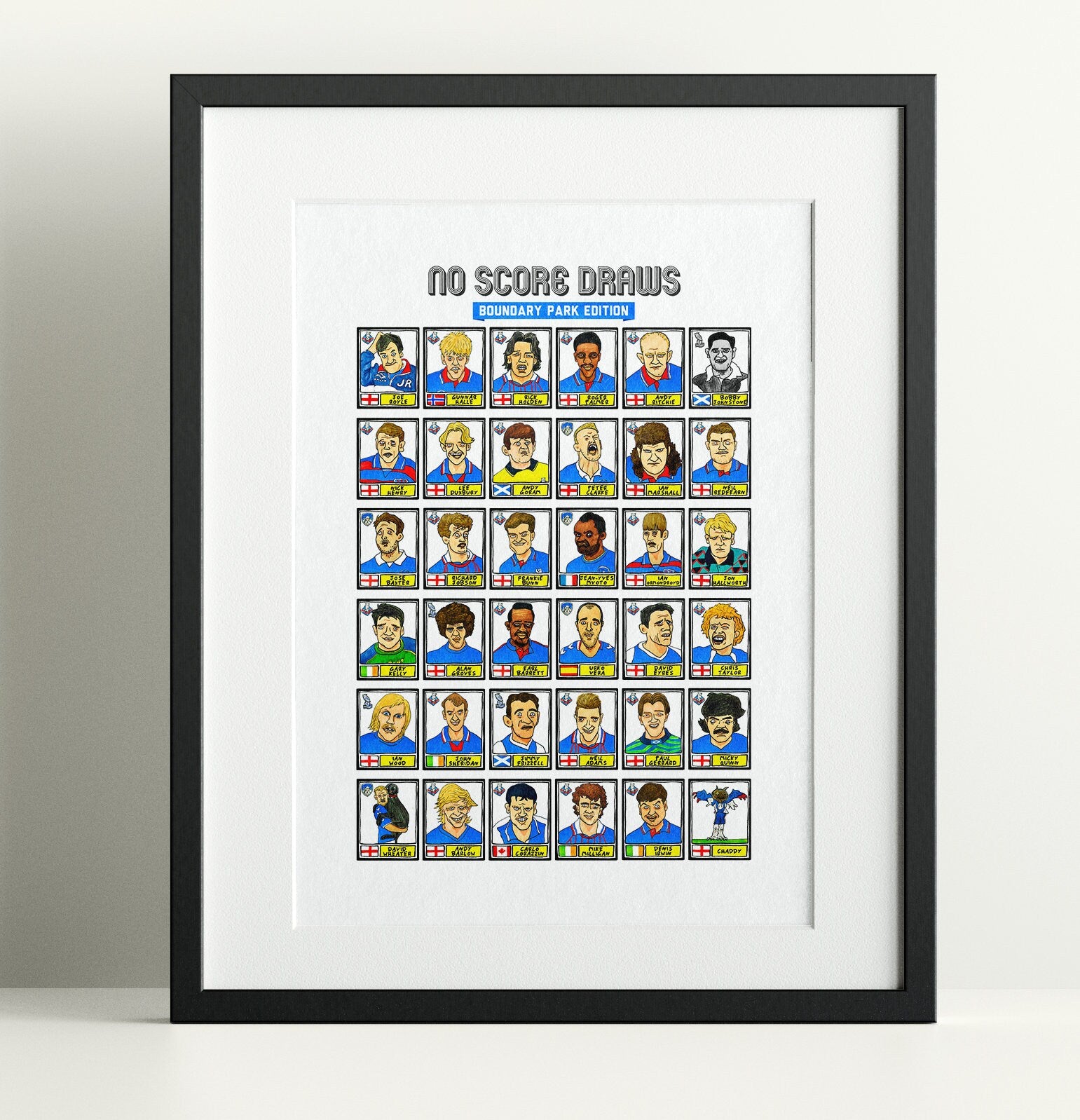 Oldham Athletic - No Score Draws Boundary Park Edition - A3 print of 36 hand-drawn Panini-type OAFC FC football legends - Wonky football art