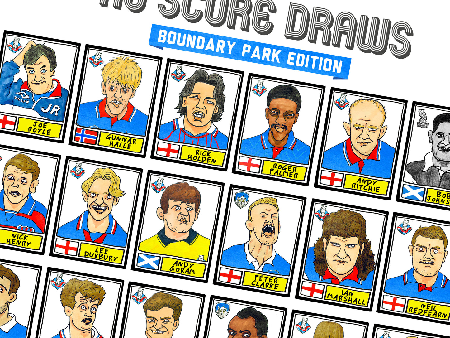 Oldham Athletic - No Score Draws Boundary Park Edition - A3 print of 36 hand-drawn Panini-type OAFC FC football legends - Wonky football art