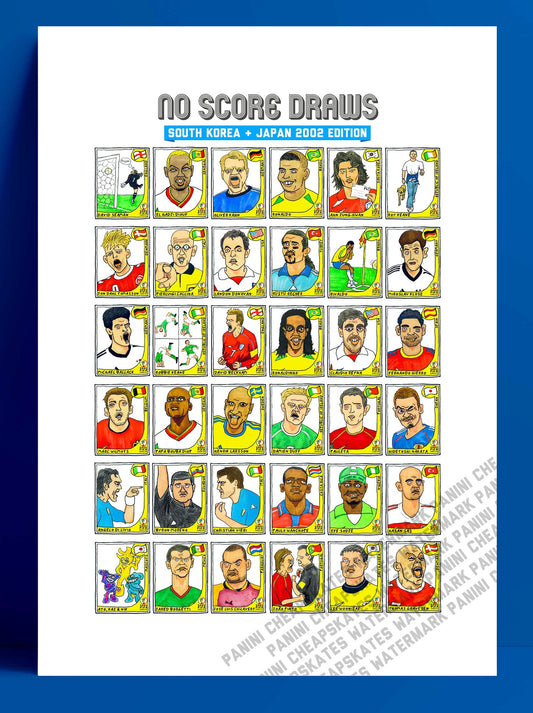 World Cup 2002 - No Score Draws SK & Japan 2002 Edition - A3 print of 36 hand-drawn World Cup 2002 Panini-style football sticker legends