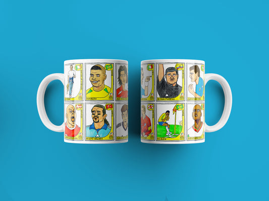 World Cup 2002 No Score Draws Mug Set - Set of TWO 11oz Ceramic Mugs with Wonky Panini sticker-style World Cup 2002 No Score Draws Doodles