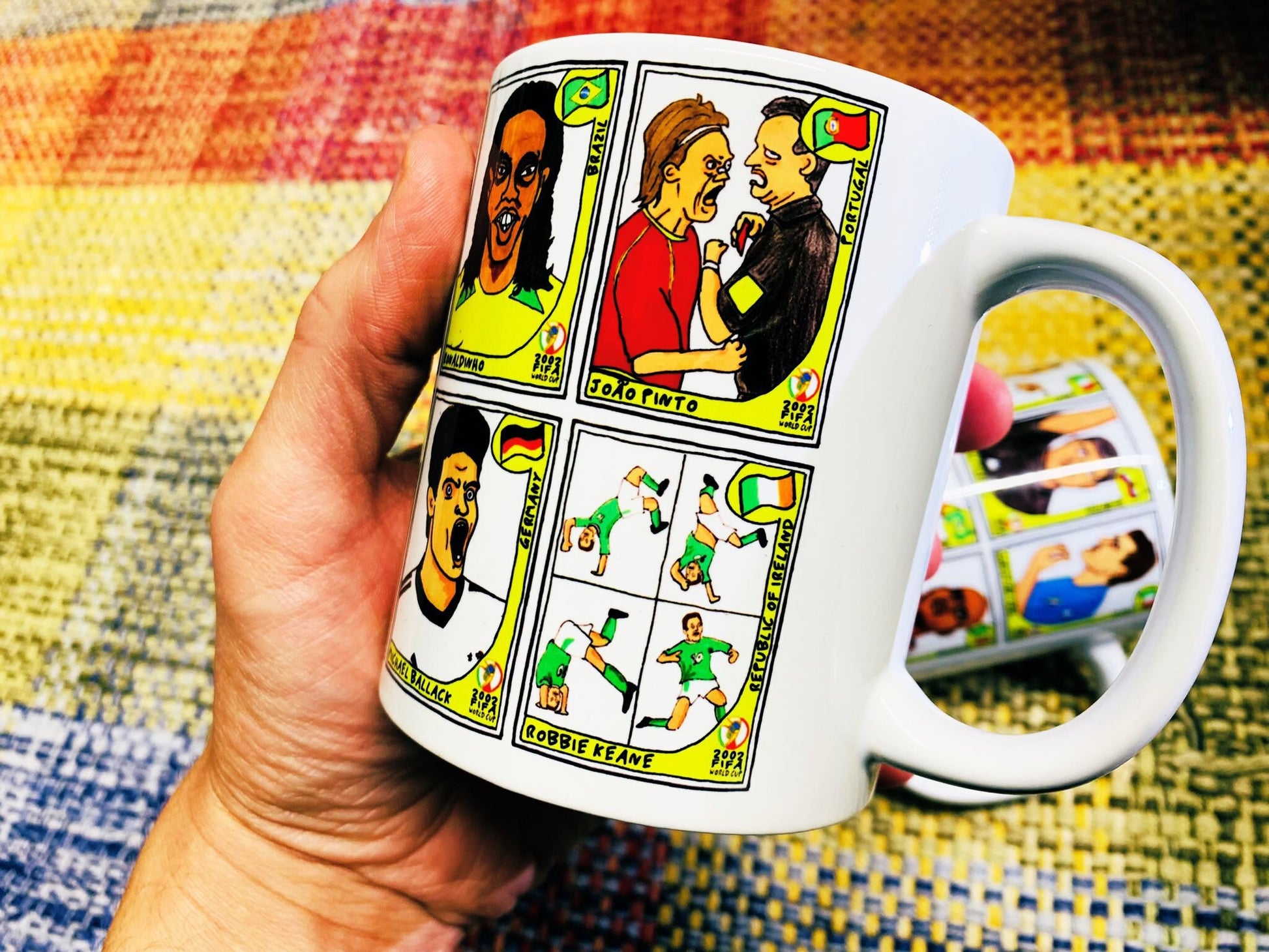 World Cup 2002 No Score Draws Mug Set - Set of TWO 11oz Ceramic Mugs with Wonky Panini sticker-style World Cup 2002 No Score Draws Doodles