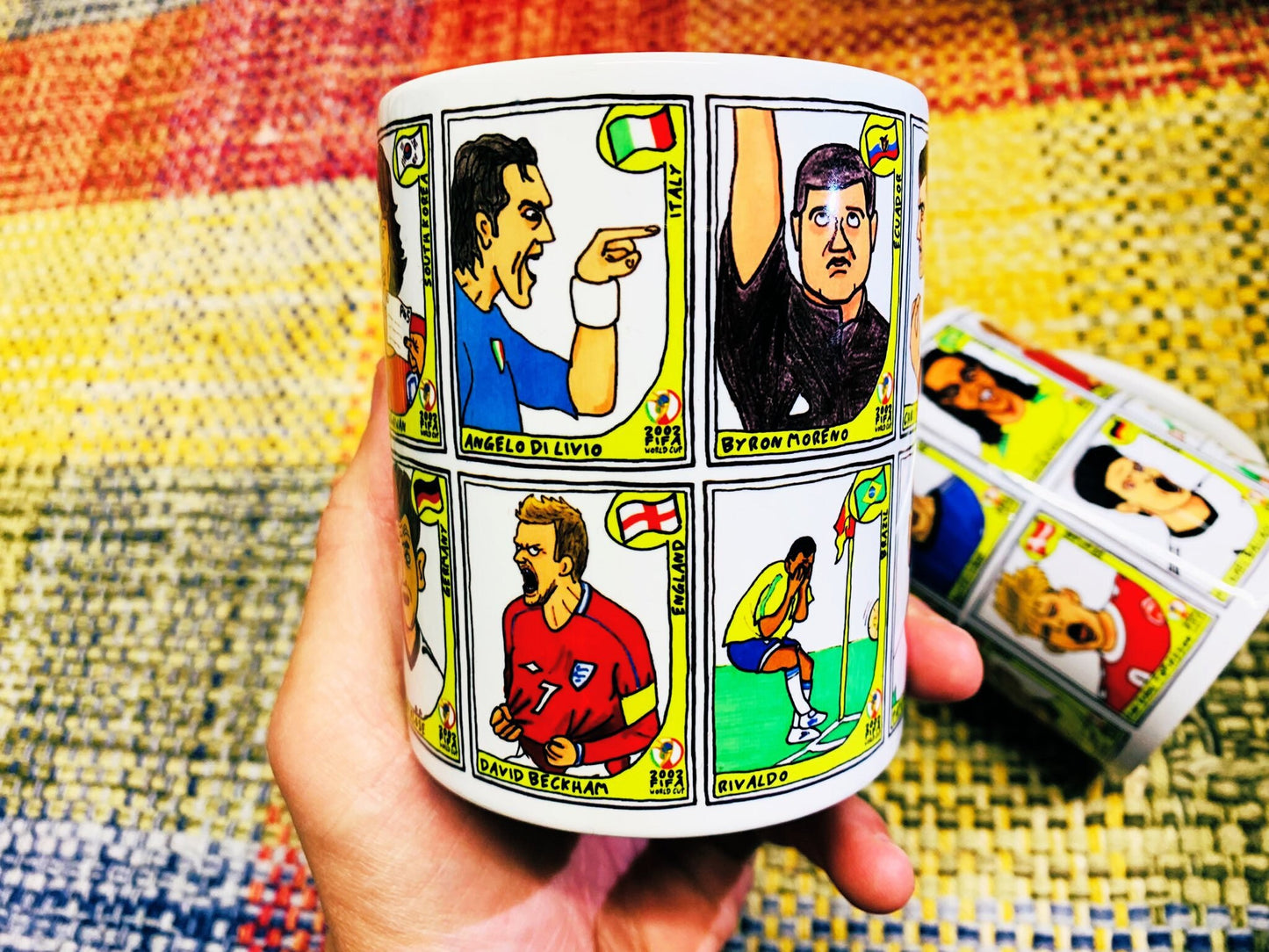 World Cup 2002 No Score Draws Mug Set - Set of TWO 11oz Ceramic Mugs with Wonky Panini sticker-style World Cup 2002 No Score Draws Doodles