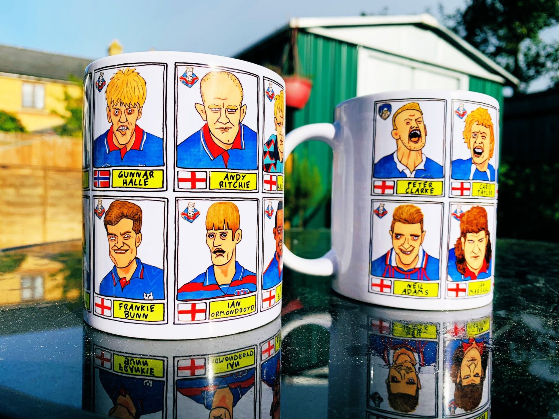 Oldham Athletic No Score Draws Mug Set - Set of TWO 11oz Ceramic Mugs with Wonky Panini sticker-style OAFC Latics No Score Draws Doodles