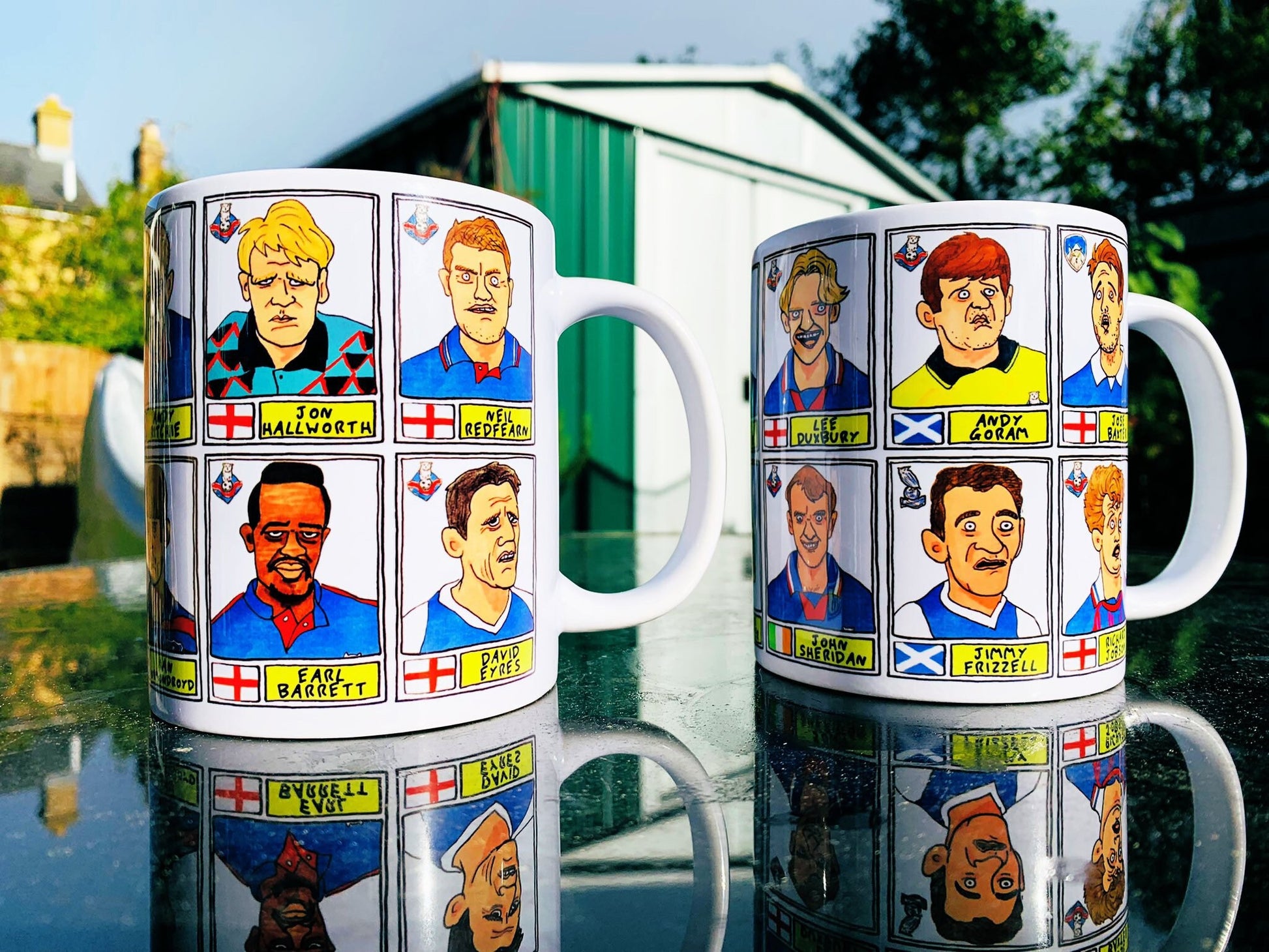 Oldham Athletic No Score Draws Mug Set - Set of TWO 11oz Ceramic Mugs with Wonky Panini sticker-style OAFC Latics No Score Draws Doodles