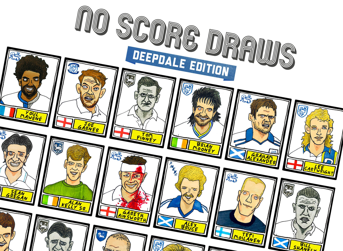 Preston North End - No Score Draws Deepdale Edition - A3 print of 36 hand-drawn Panini-sticker-style PNE icons - Wonky football art