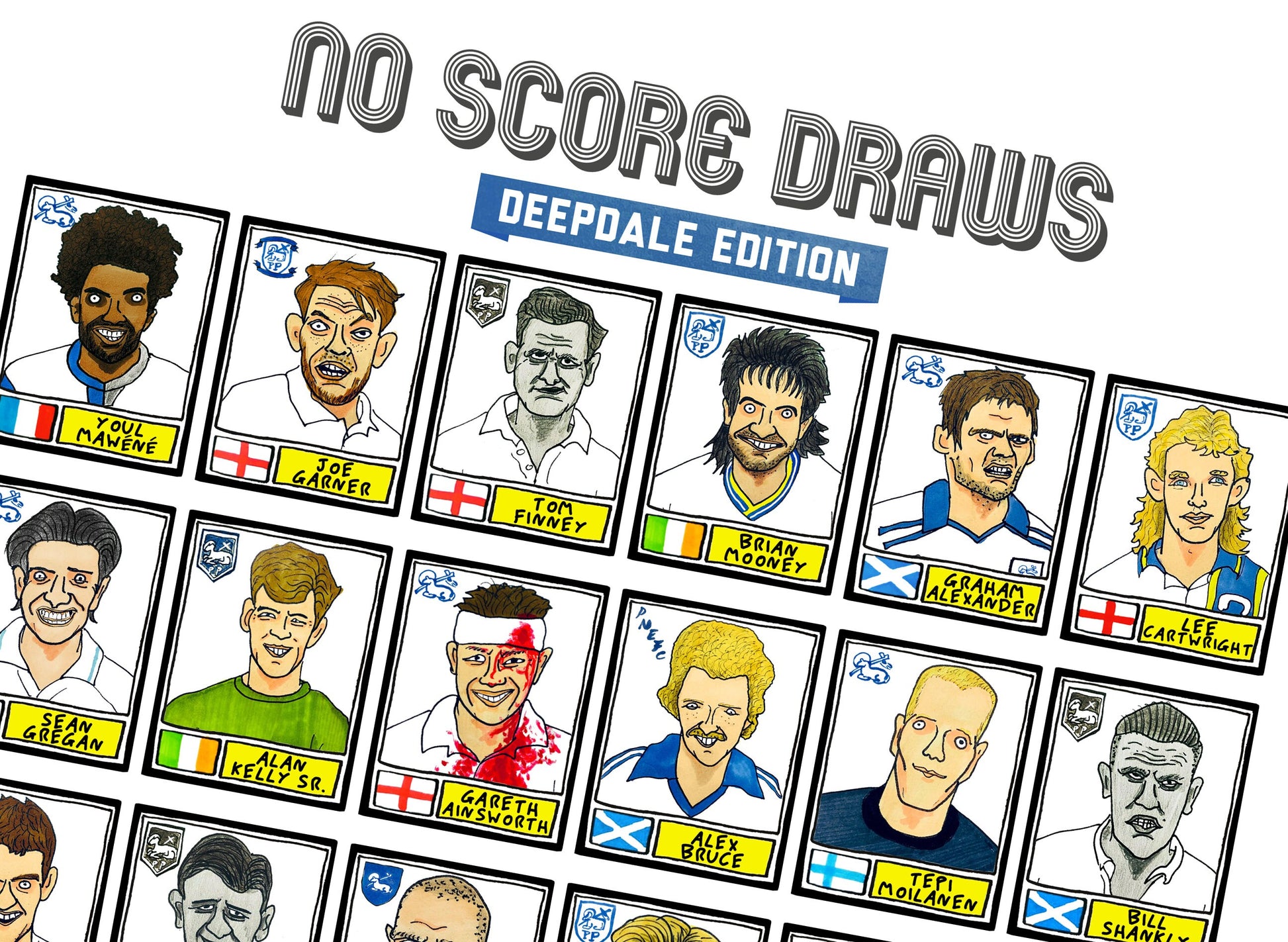 Preston North End - No Score Draws Deepdale Edition - A3 print of 36 hand-drawn Panini-sticker-style PNE icons - Wonky football art