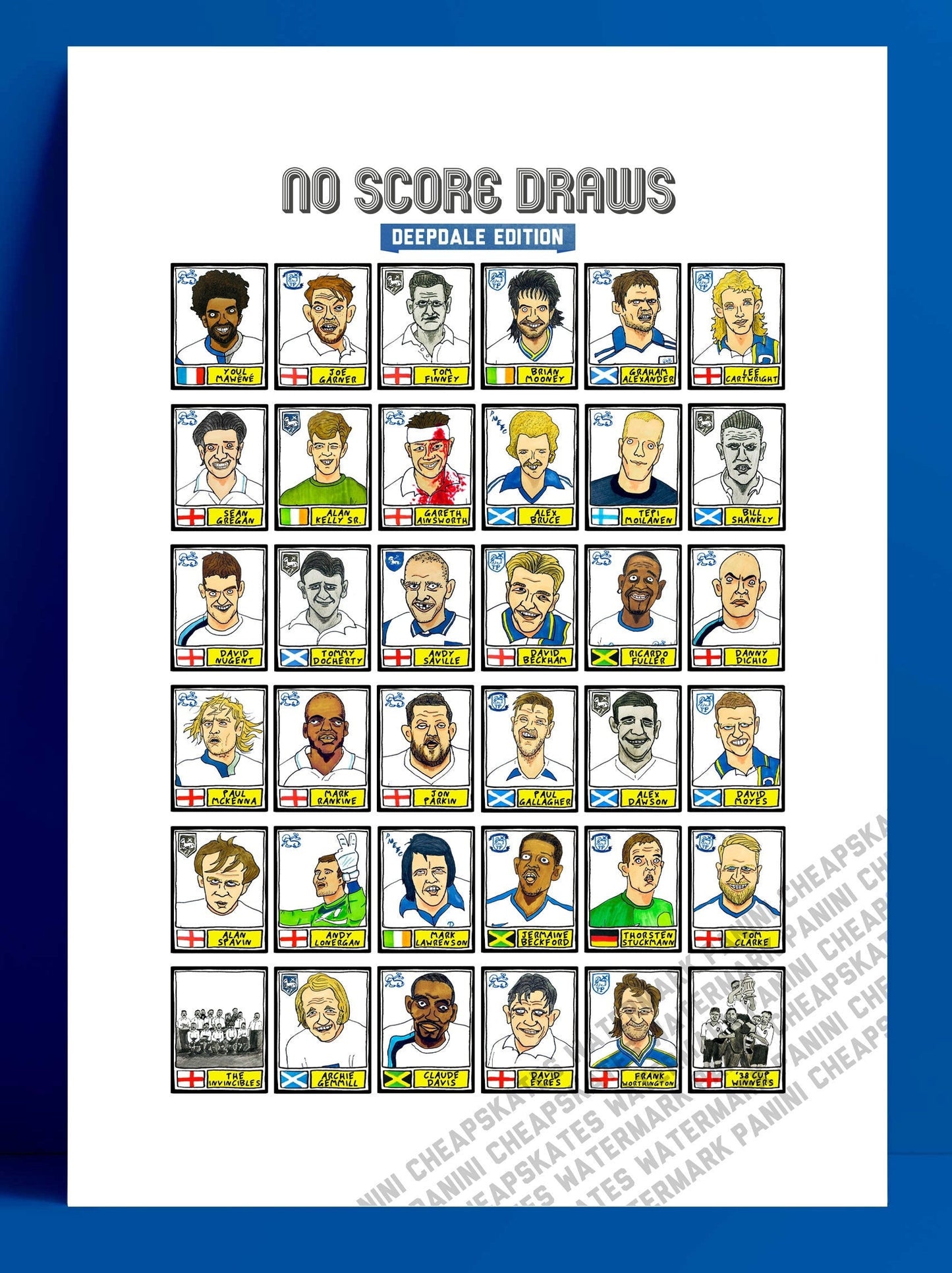 Preston North End - No Score Draws Deepdale Edition - A3 print of 36 hand-drawn Panini-sticker-style PNE icons - Wonky football art