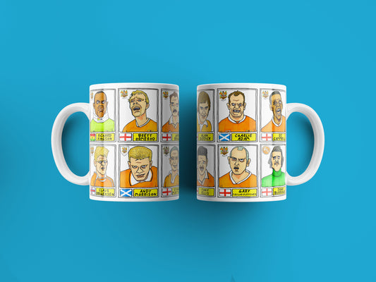 Blackpool No Score Draws Mug Set - Set of TWO 11oz Ceramic Mugs with Wonky Panini sticker-style BFC Tangerines No Score Draws Doodles