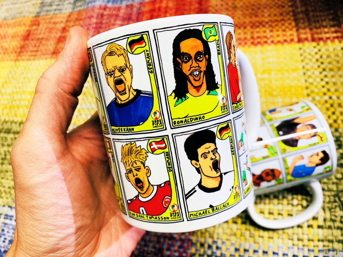 World Cup 2002 No Score Draws Mug Set - Set of TWO 11oz Ceramic Mugs with Wonky Panini sticker-style World Cup 2002 No Score Draws Doodles