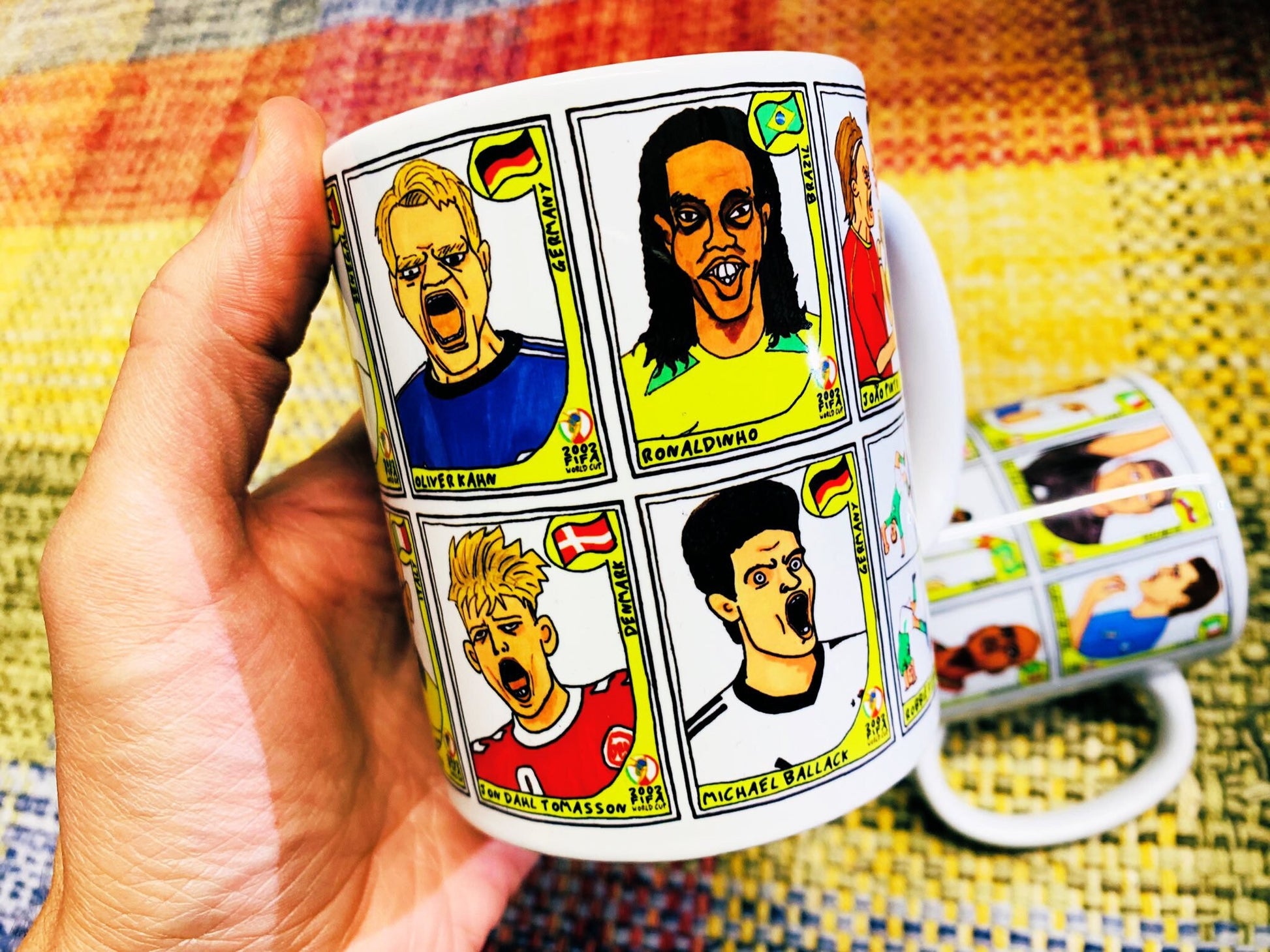 World Cup 2002 No Score Draws Mug Set - Set of TWO 11oz Ceramic Mugs with Wonky Panini sticker-style World Cup 2002 No Score Draws Doodles
