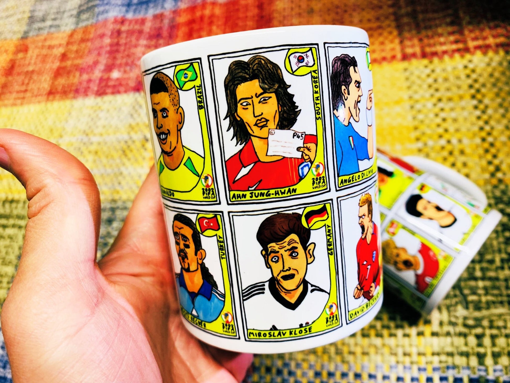 World Cup 2002 No Score Draws Mug Set - Set of TWO 11oz Ceramic Mugs with Wonky Panini sticker-style World Cup 2002 No Score Draws Doodles