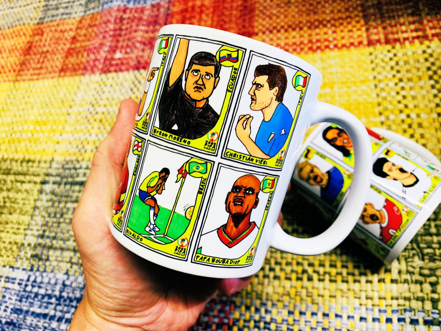 World Cup 2002 No Score Draws Mug Set - Set of TWO 11oz Ceramic Mugs with Wonky Panini sticker-style World Cup 2002 No Score Draws Doodles