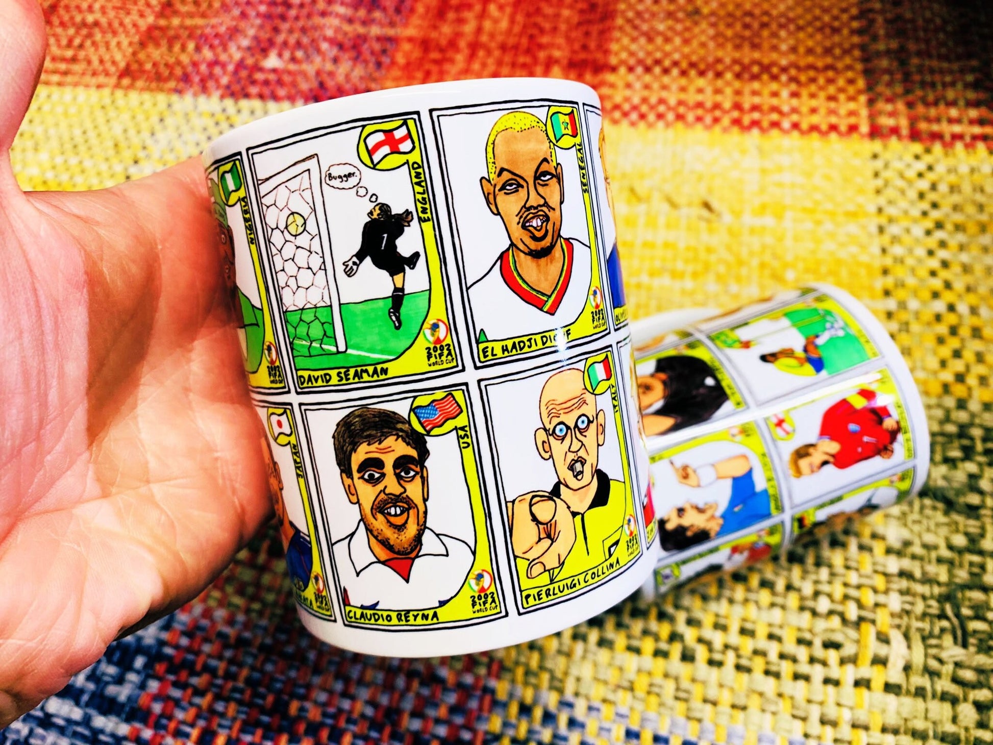 World Cup 2002 No Score Draws Mug Set - Set of TWO 11oz Ceramic Mugs with Wonky Panini sticker-style World Cup 2002 No Score Draws Doodles