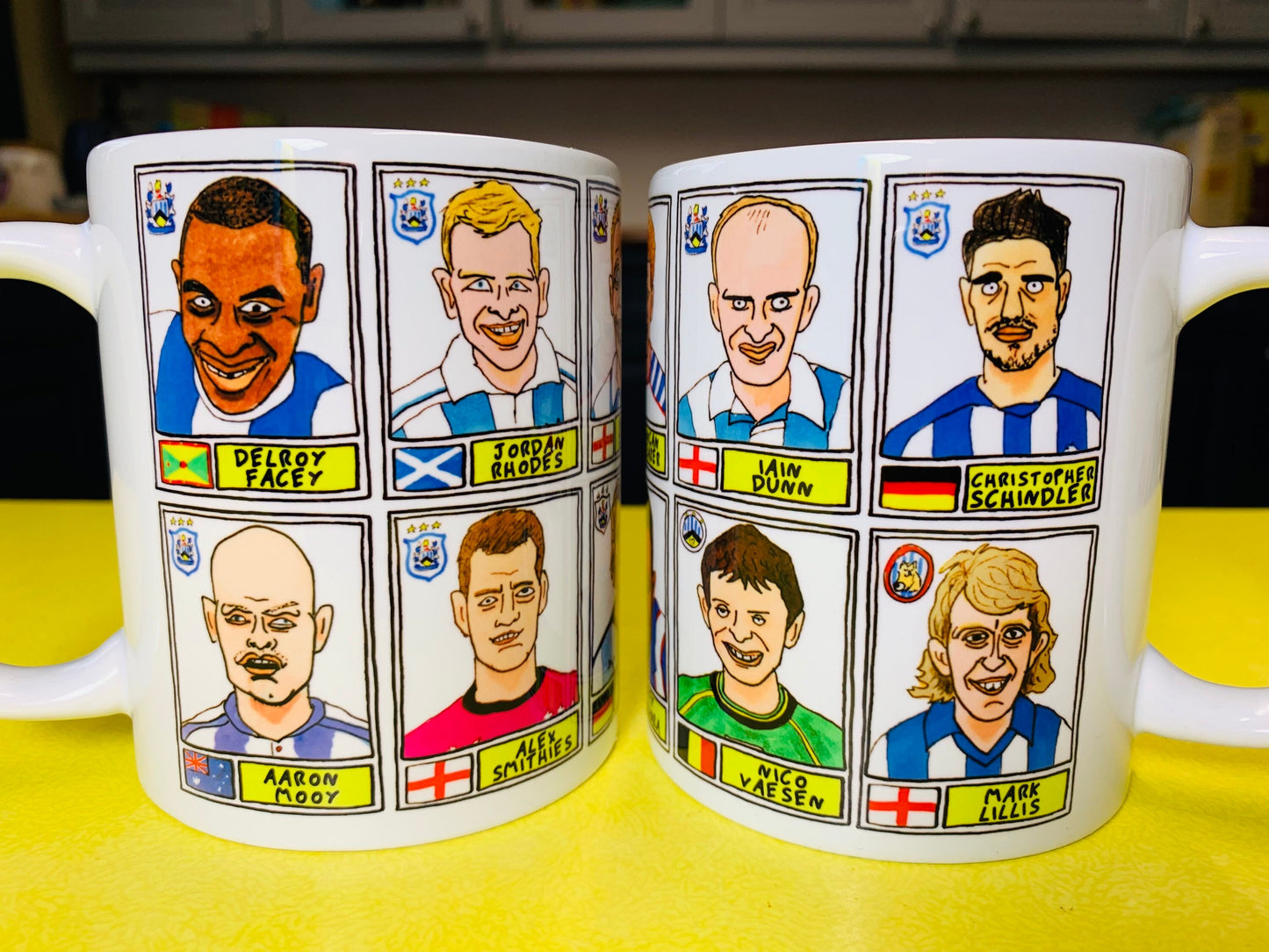 Huddersfield Town No Score Draws Mug Set - Set of TWO 11oz Ceramic Mugs with Wonky Panini sticker-style Terriers No Score Draws Doodles